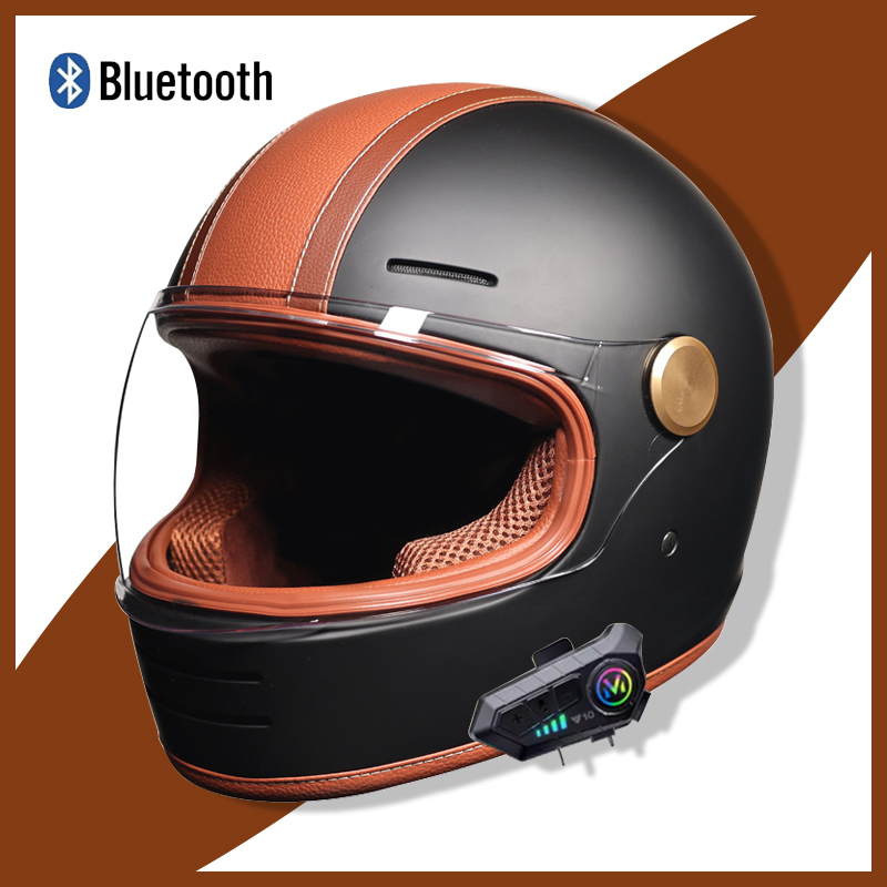 Full Face Motorcycle Helmet With Bluetooth - Capacete retrô de rosto inteiro com